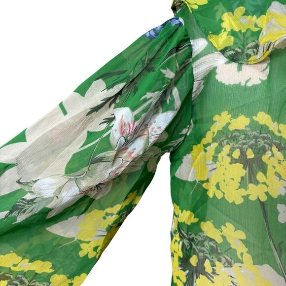 Gibson Latimer Green Floral Blouse Size Small NEW Sheer Ruffle Neckline - Picture 5 of 7
